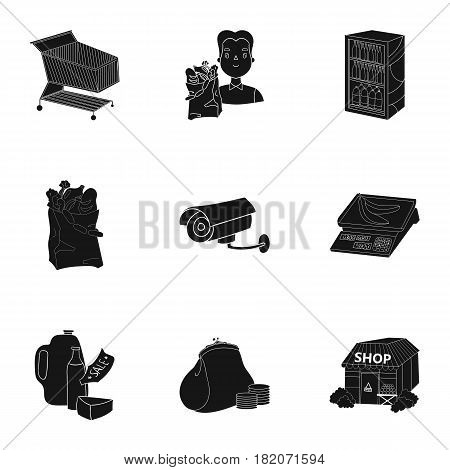 Supermarket, shopping in the store. A selection of pictures on the topic of shopping.Supermarket icon in set collection on black style vector symbol stock web illustration.