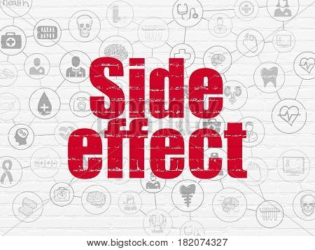 Health concept: Painted red text Side Effect on White Brick wall background with Scheme Of Hand Drawn Medicine Icons