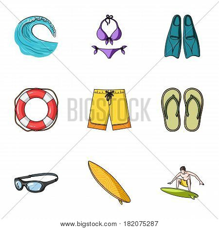 A collection of pictures on the theme of the beach, the sea, surfing. Rescuers of the beach.Surfing icon in set collection on cartoon style vector symbol stock web illustration.