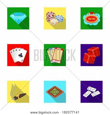 The set of symbols casino games. Gambling for money. Chips, dominoes, casino. Casino and gambling icon in set collection on flat style vector symbol stock web illustration.