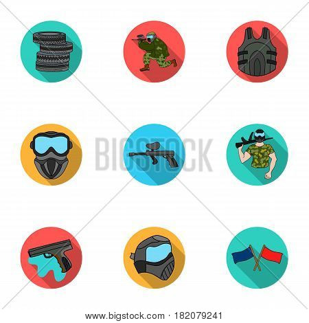 A collection of pictures about the game in paintball. The balloons with paint.Paintball icon in set collection on flat style vector symbol stock web illustration.