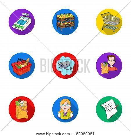 Supermarket, shopping in the store. A selection of pictures on the topic of shopping.Supermarket icon in set collection on flat style vector symbol stock web illustration.