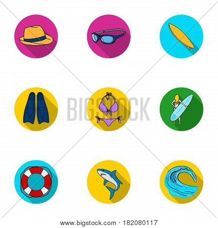 A collection of pictures on the theme of the beach, the sea, surfing. Rescuers of the beach.Surfing icon in set collection on flat style vector symbol stock web illustration.