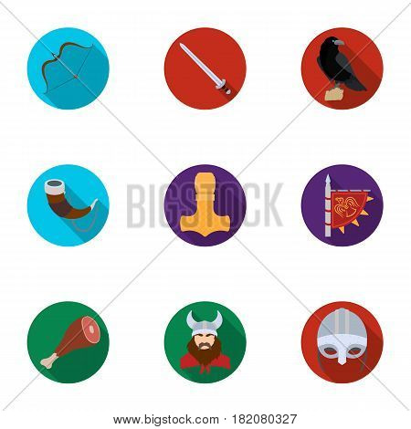 Ancient warriors of the Vikings on the ship. Outfit and symbols of the Vikings.Vikings icon in set collection on flat style vector symbol stock web illustration.