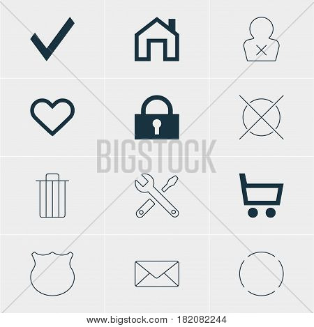 Vector Illustration Of 12 Member Icons. Editable Pack Of Garbage, Wheelbarrow, Mainpage And Other Elements.