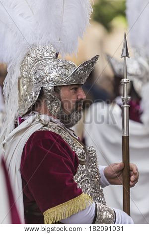 Linares, Spain - April, 14: Man of dress of Roman popular tradition during Easter, Roman soldiers, called 