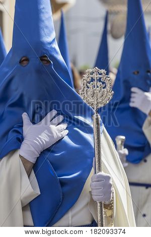 Brotherhood of our father Jesus resurrected during procession of Holy Week on Sunday of resurrection Linares Andalusia Spain