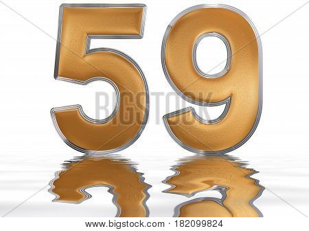 Numeral 59, Fifty Nine, Reflected On The Water Surface, Isolated On  White, 3D Render