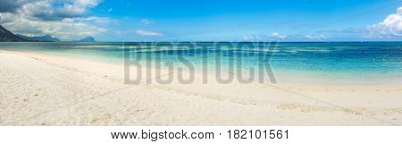 Sandy tropical Wolmar beach at sunny day. Panorama. Mauritius