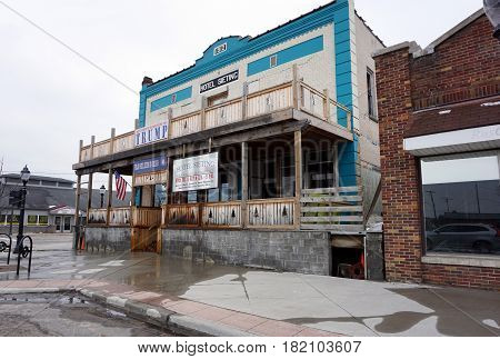 KALKASKA, MICHIGAN / UNITED STATES - NOVEMBER 27, 2016: The historic Hotel Sieting is undergoing restoration on Cedar Street in downtown Kalkaska.