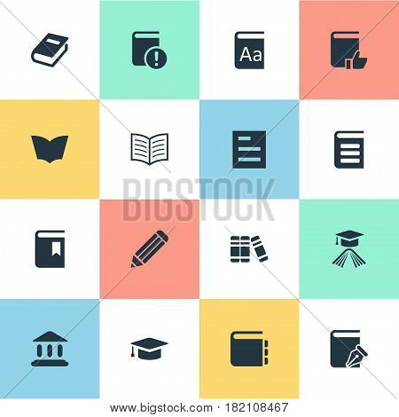 Vector Illustration Set Of Simple Reading Icons. Elements Academic Cap, Recommended Reading, Alphabet And Other Synonyms Library, Alphabet And Important.