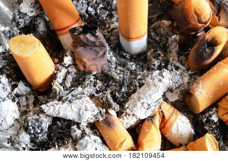 A close up image of lit cigarettes in a dirty ashtray.