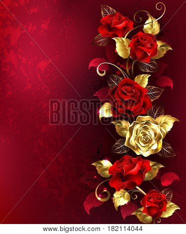 Composition with red jewelry roses on red background