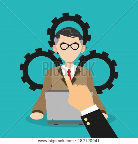 man with laptop commputer over gear wheels and blue background. human resources concept. colorful design. vector illustration