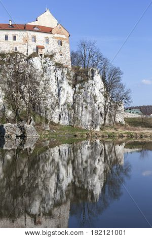 Benedictine abbey in Tyniec near Krakow reflection in the water Poland