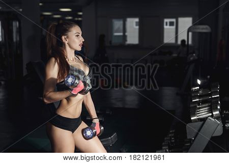 sexy fitness woman in sport wear with perfect fitness body in gym performing exercises with dumbbell. copy space
