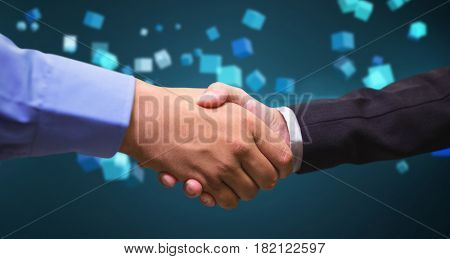 Businessmen shaking hands against futuristic screen with quaders