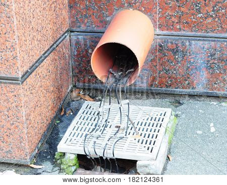 Gutter Deicing. Gutter Heating. Close up on gutter downspout drainage pipeline deicing cable installation.   Guttering, Heat Cables.