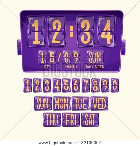 Vector illustration of a countdown timer, a mechanical scoreboard blank and various numerals in cartoon style. Set of numeral alphabeth
