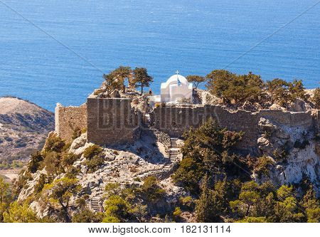 Overlooking the Venetian Castle at Monolithos built in 1480 by the Knights of Saint John, Rhodes Greece Europe