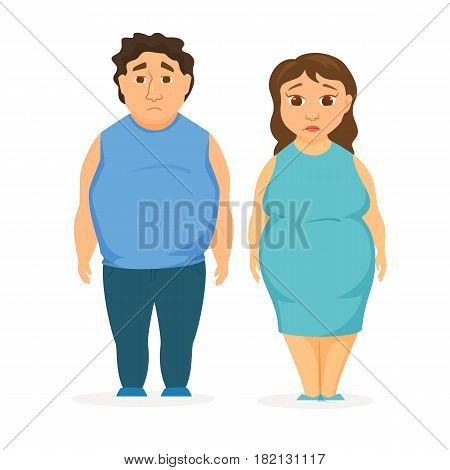 Man and women obesity. Fat people concept. Sad overweight couple diet.