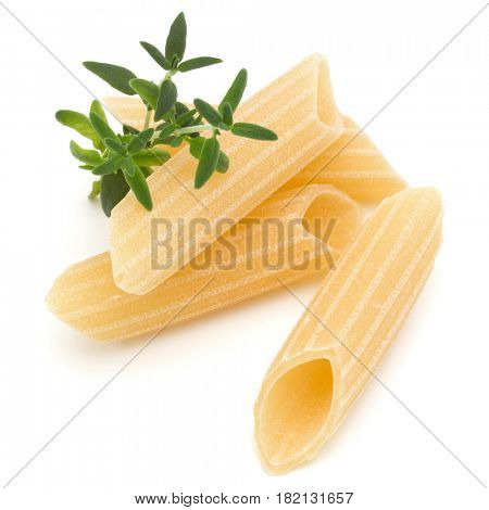Italian pasta isolated on white background. Pennoni. Penne rigate.
