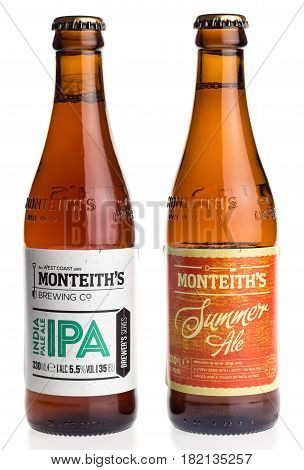GRONINGEN, NETHERLANDS - APRIL 15, 2017: Bottles of New Zealand Monteith IPA and Summer Ale beer isolated an a white background