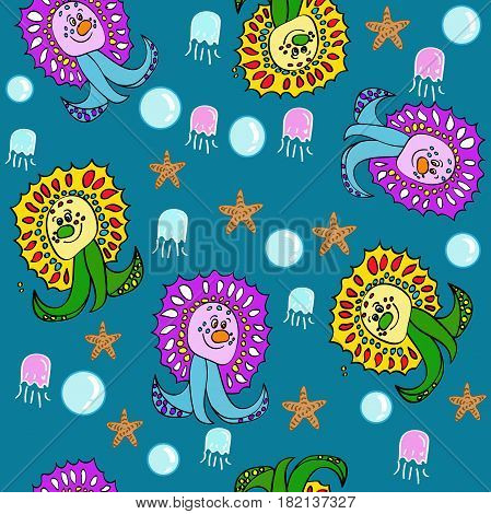 background seamless pattern on green blue background with octopuses