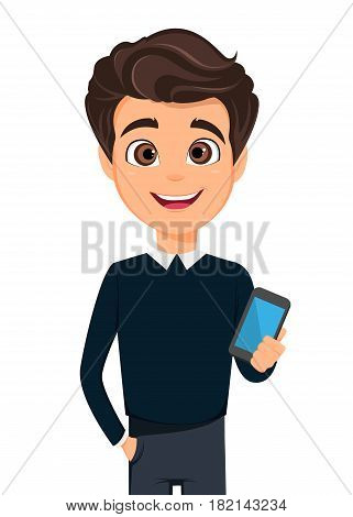 Business man cartoon character. Young handsome businessman in smart casual clothes holding smartphone - stock vector