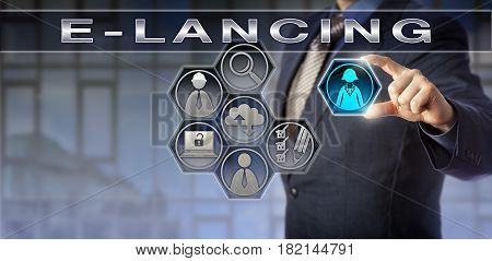 Blue chip corporate coach is plugging in a female freelancer icon into a virtual E-LANCING bidding hub. Information technology concept for outsourcing freelance marketplace and E-labor.