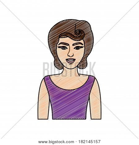 color pencil drawing of half body woman with purple blouse and eighties hairstyle vector illustration
