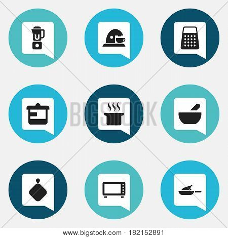 Set Of 9 Editable Cook Icons. Includes Symbols Such As Hand Mixer, Shredder, Soup. Can Be Used For Web, Mobile, UI And Infographic Design.