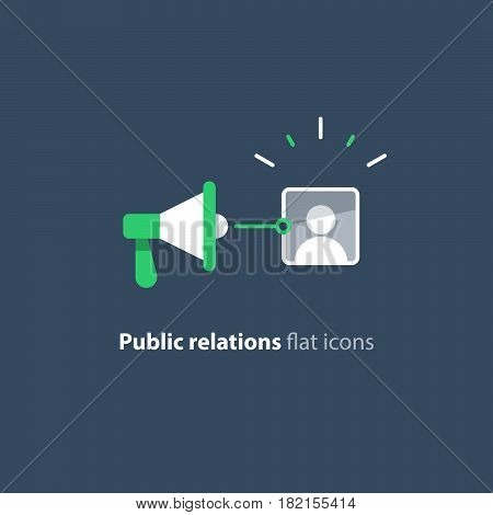 Social media marketing and promotion concept, megaphone flat icon, public relations vector illustration