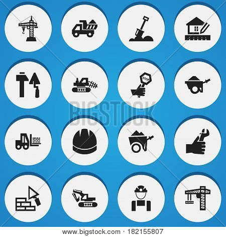 Set Of 16 Editable Construction Icons. Includes Symbols Such As Lifting Equipment, Employee, Oar And More. Can Be Used For Web, Mobile, UI And Infographic Design.
