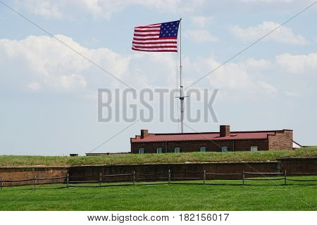 BALTIMORE, MD - APR 16: Fort McHenry National Monument and Historic Shrine in Baltimore, Maryland, on April 16, 2017. In the War of 1812, it defended Baltimore Harbor from an attack by the British.