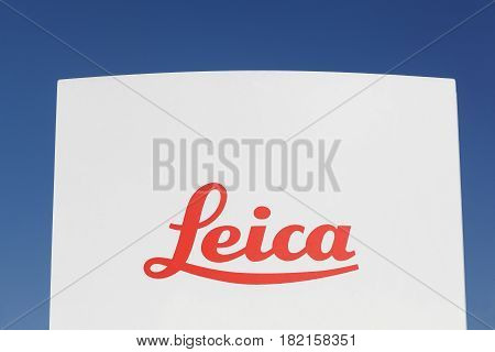 Odense, Denmark - April 9, 2017: Leica sign on a panel. Leica is a German optics company and manufacturer of Leica cameras
