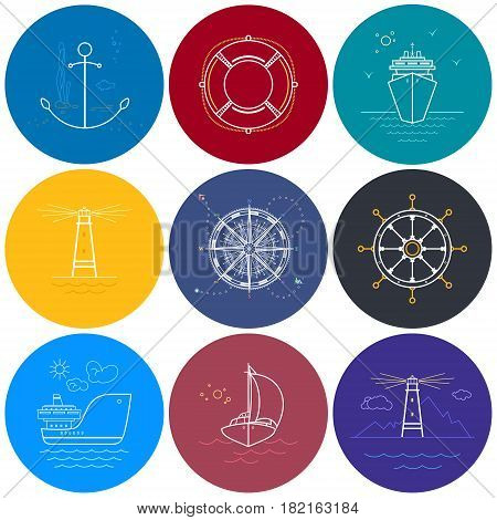 Set of Round Maritime Icons in Line Style, Ships and Compass Rose, Lighthouse and Marine Equipment, Travel and Tourism , Vector Illustration