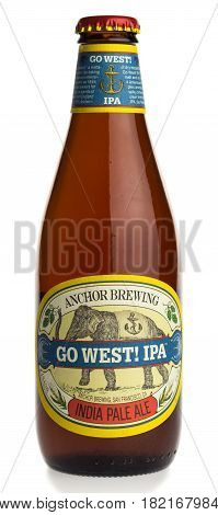 GRONINGEN, NETHERLANDS - APRIL 15, 2017: Bottle of American Anchor Go West IPA craft beer isolated on a white background