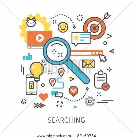 Concept of searching and content analyzing. Magnifying glass with icons in the style of line art. Flat design, lineart vector illustration