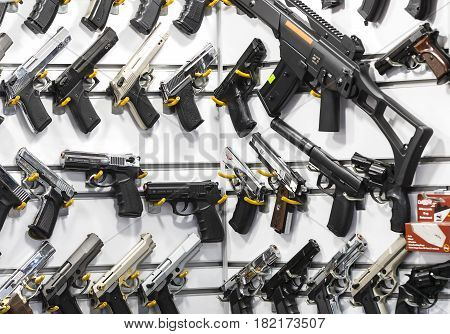 ISTANBUL, TURKEY - 1 APRIL 2017: Showcase of a gun shop in Istanbul at a weapons store on the Galata Bridge.