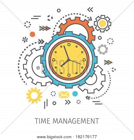 Concept of time management. Clock with gears and icons in the style of line art. Flat design, line art vector illustration