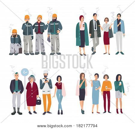 Set of smoking room. Different people on smoke break. Man and woman with cigarettes collection. Vector illustration in flat style