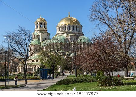 SOFIA, BULGARIA - APRIL 1, 2017: Amazing view of Cathedral Saint Alexander Nevski in Sofia, Bulgaria