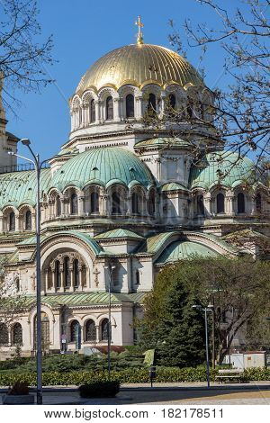 SOFIA, BULGARIA - APRIL 1, 2017: Amazing view of Cathedral Saint Alexander Nevski in Sofia, Bulgaria
