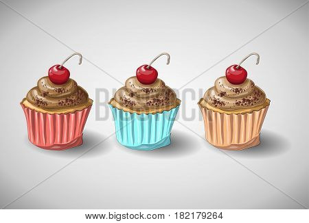 Set of capkakes. Hand draw. Chocolate and citrus cupcake. Vector illustration