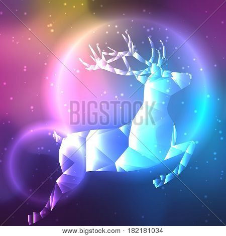 Flying reindeer on galaxy background. Vector illustration