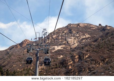 BADALING - FEBRUARY 24:  Cable car at the Badaling Great Wall, China, February 24, 2016.