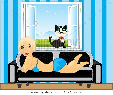 Making look younger girl rests upon sofa in room with opened by window