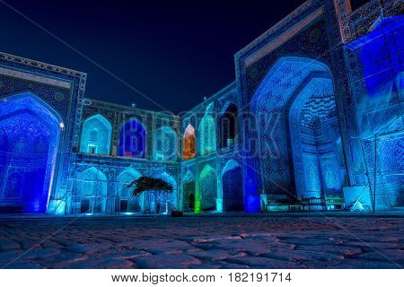 Sher-dor Madrasah At Night, Samarkand, Uzbekistan