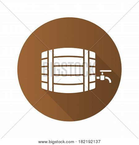 Alcohol wooden barrel. Flat design long shadow icon. Whiskey, beer or rum barrel with tap. Bar and pub sign. Vector silhouette symbol